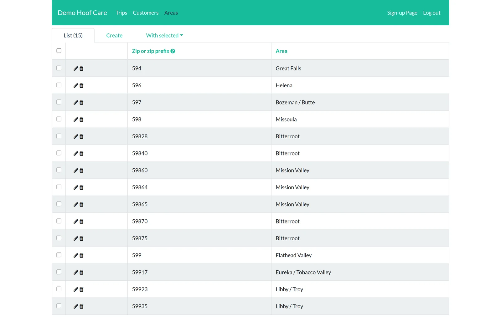 Areas defined by zip prefix