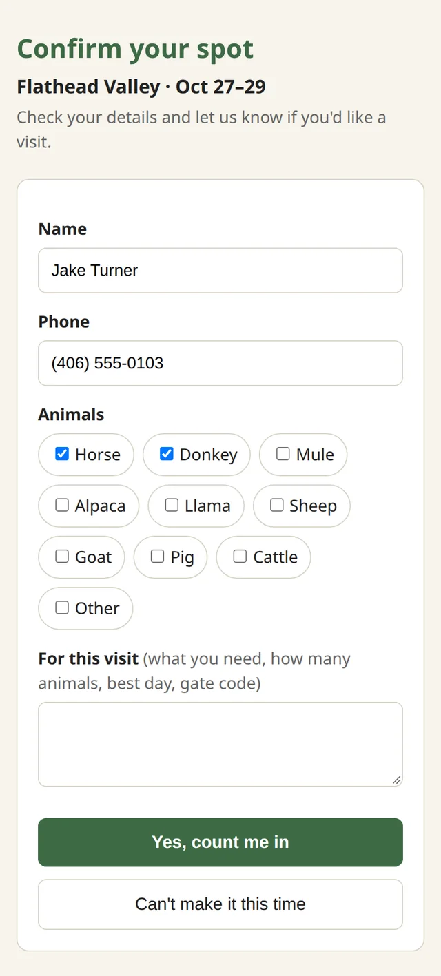 Pre-filled confirm page with Yes, count me in button