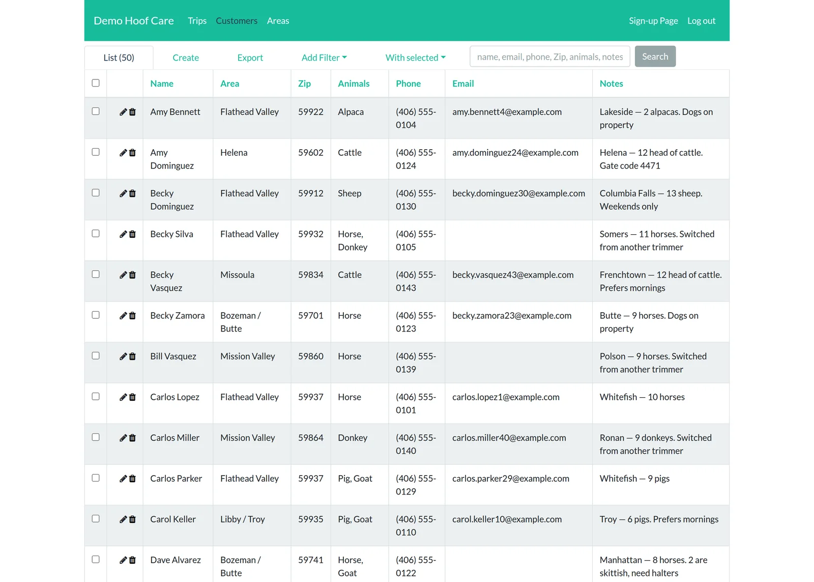 Searchable customer list with CSV export