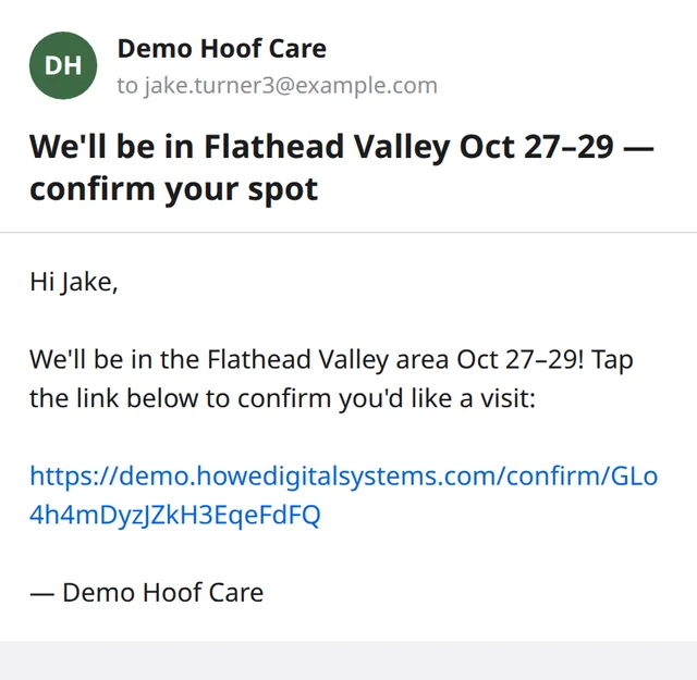 Firm dates email with a personal confirm link