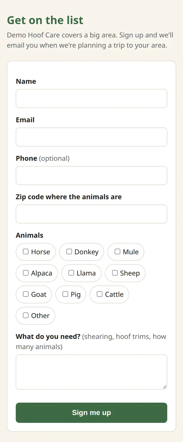 Customer sign-up page with name, email, zip and animal checkboxes