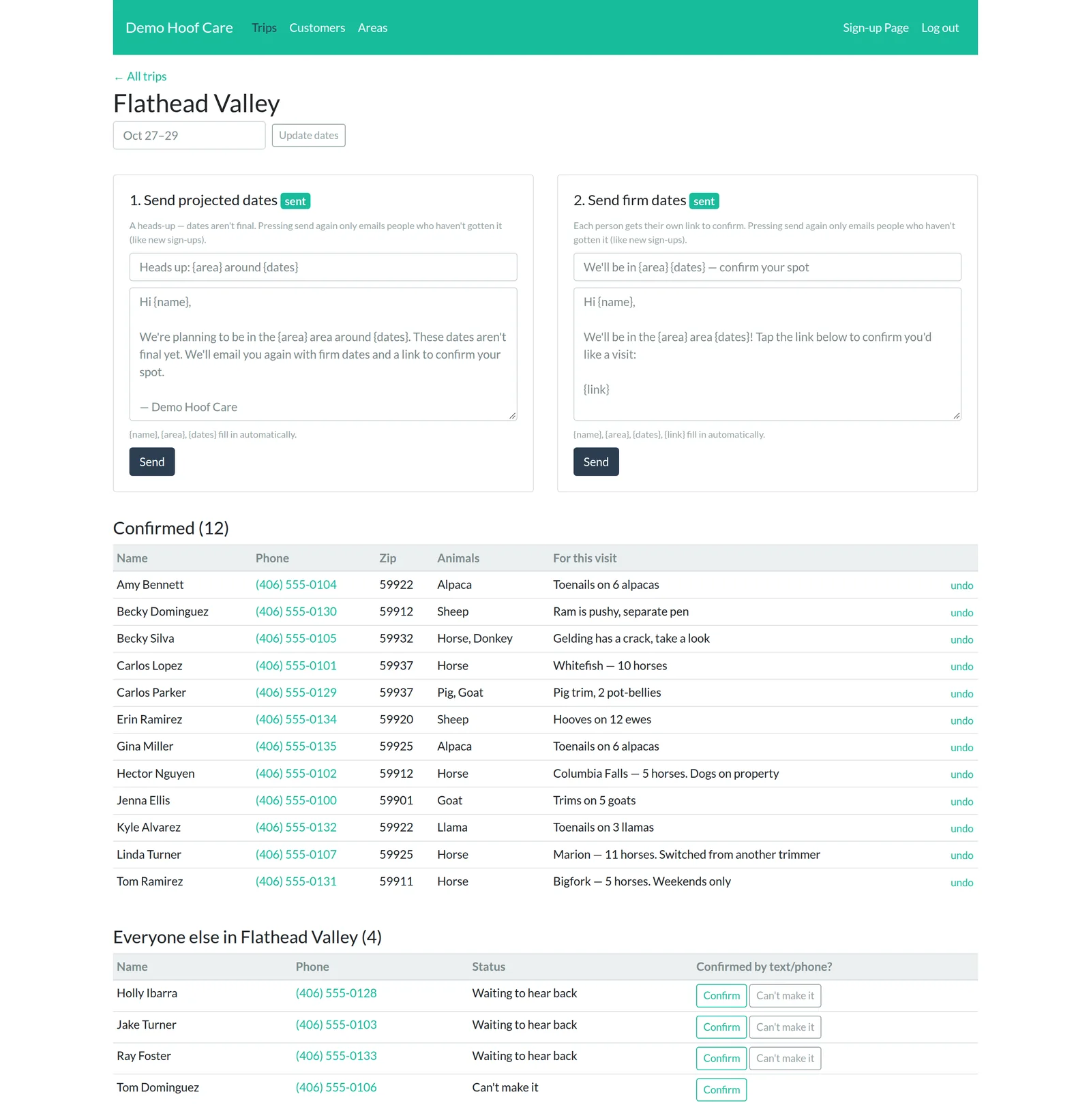 Trip page: send buttons, confirmed list with animals and notes, everyone else with confirm buttons
